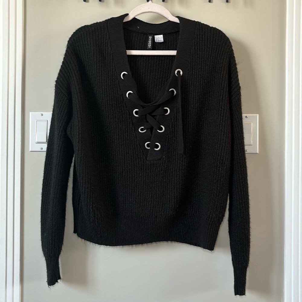 Lace Up Front Knit Sweater in Black